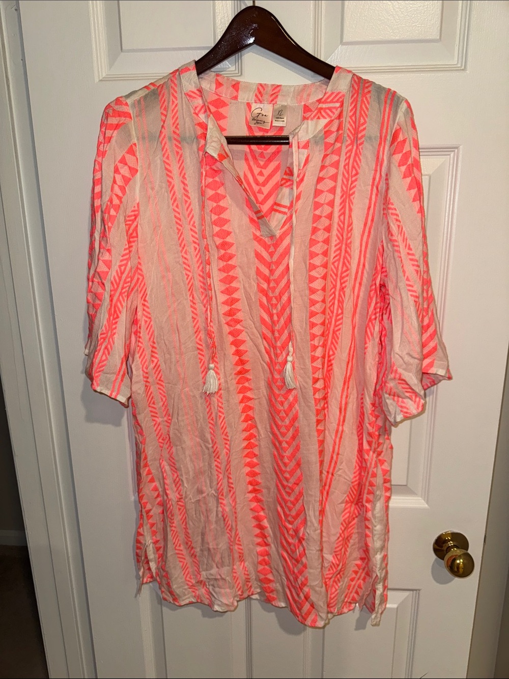 Japna Neon Coral and White Beach Tunic Coverup